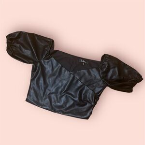 LULUS FAUX LEATHER BLACK CROP TOP WITH PUFF LEAVES